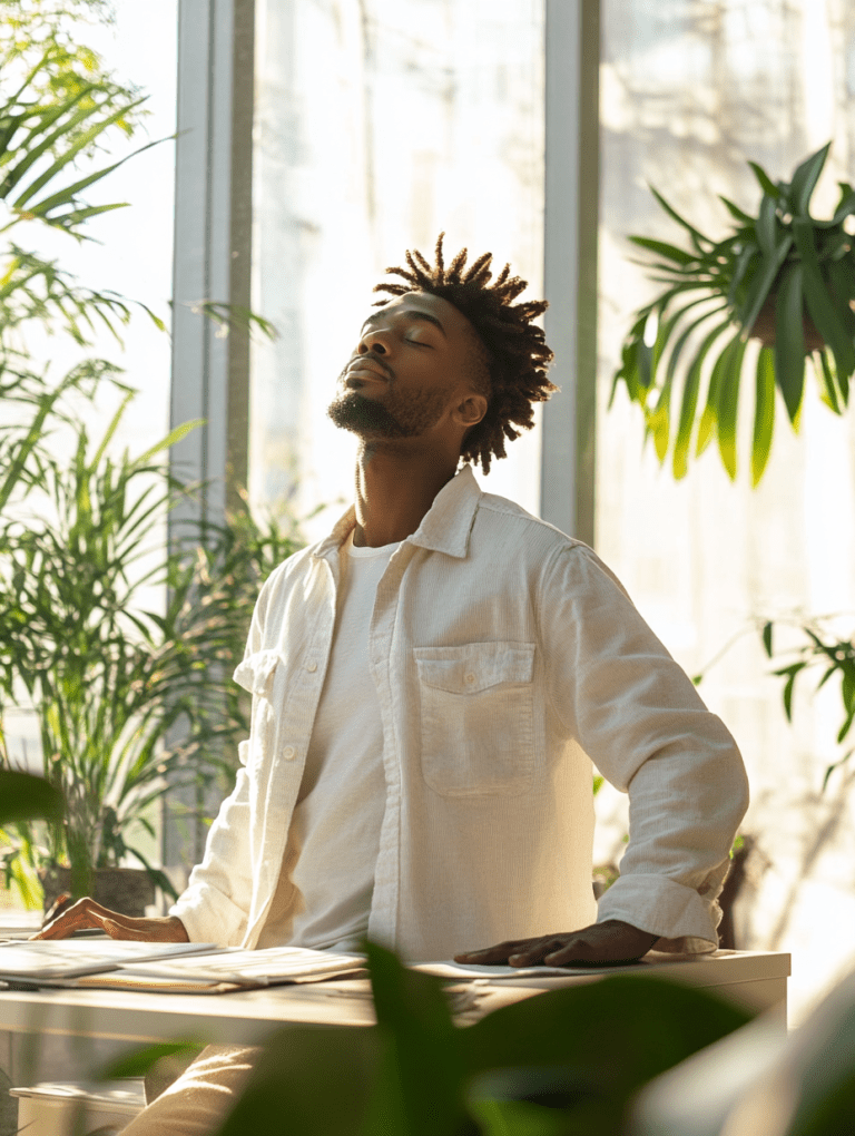 Illustration pour la santé mentale en entreprise : un bureau lumineux au petit matin, un jeune homme prend une respiration profonde en levant la tête et fermant les yeux illustre le lien entre santé mentale, bien-être et collaboration au travail.