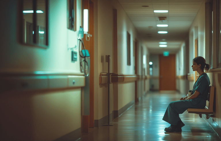 jeune infirmière assise sur le banc d'un couloir d'hopital. Elle est seule et songeuse
